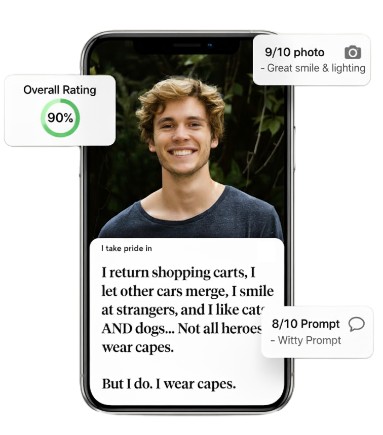 Smartphone screen displaying profile photo of a smiling young man and a bio saying he returns shopping carts, lets other cars merge, smiles at strangers, and likes cats and dogs, ending with 'But I do. I wear capes.' Overlay ratings show 90% overall rating, 9/10 photo with great smile & lighting, and 8/10 prompt with witty prompt.