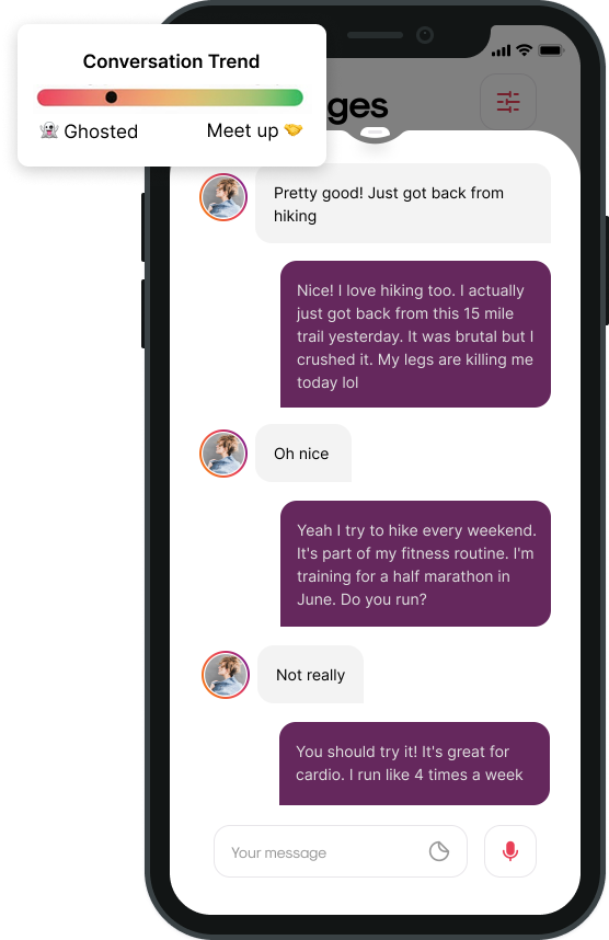 Smartphone screen showing a chat conversation about hiking and running, with a conversation trend meter indicating progress from ghosted to meet up.
