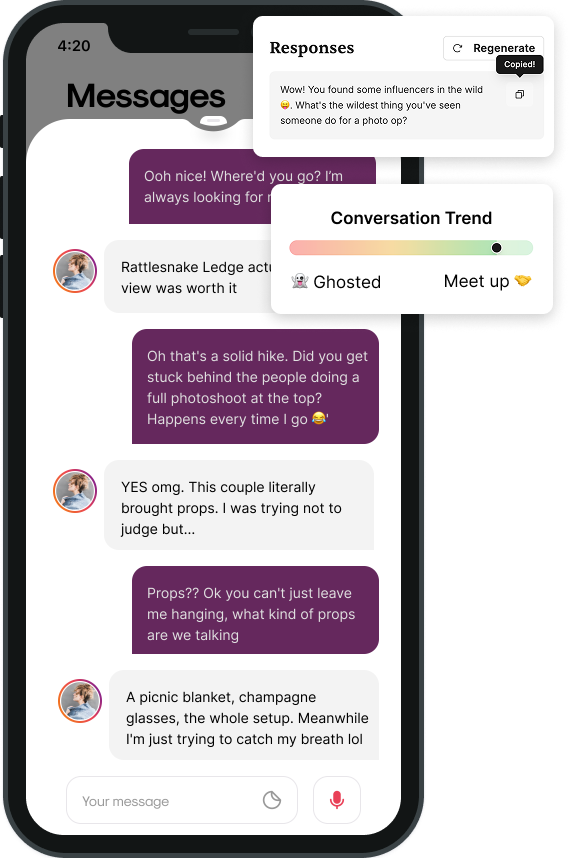 Mobile phone screen showing a text message conversation about hiking and a photoshoot, with overlays displaying a response box and a conversation trend bar from 'Ghosted' to 'Meet up'.