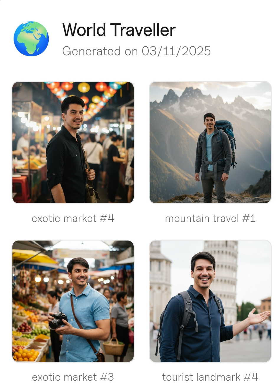 Collage of a smiling male traveler at various locations: night market, mountain hike, daytime market, and in front of the Leaning Tower of Pisa.