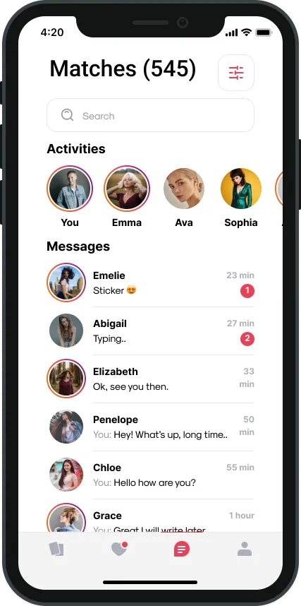 Dating app inbox showing 545 matches