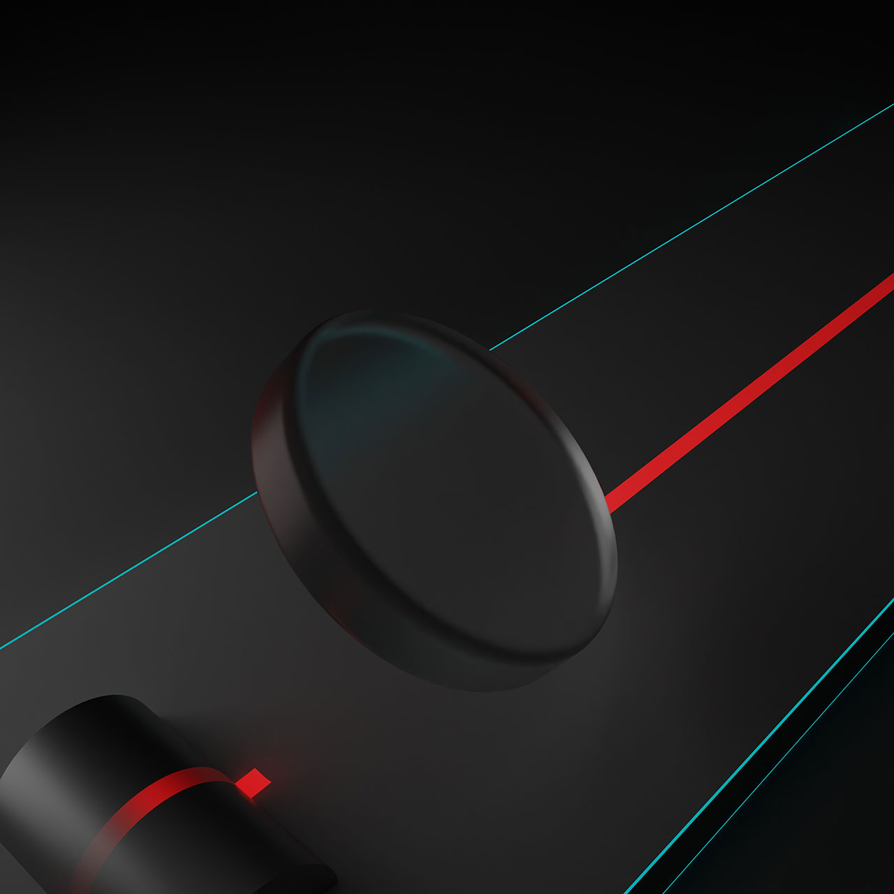 Black hockey puck in mid-air on a dark surface with red and blue lines, next to a black cylindrical object.