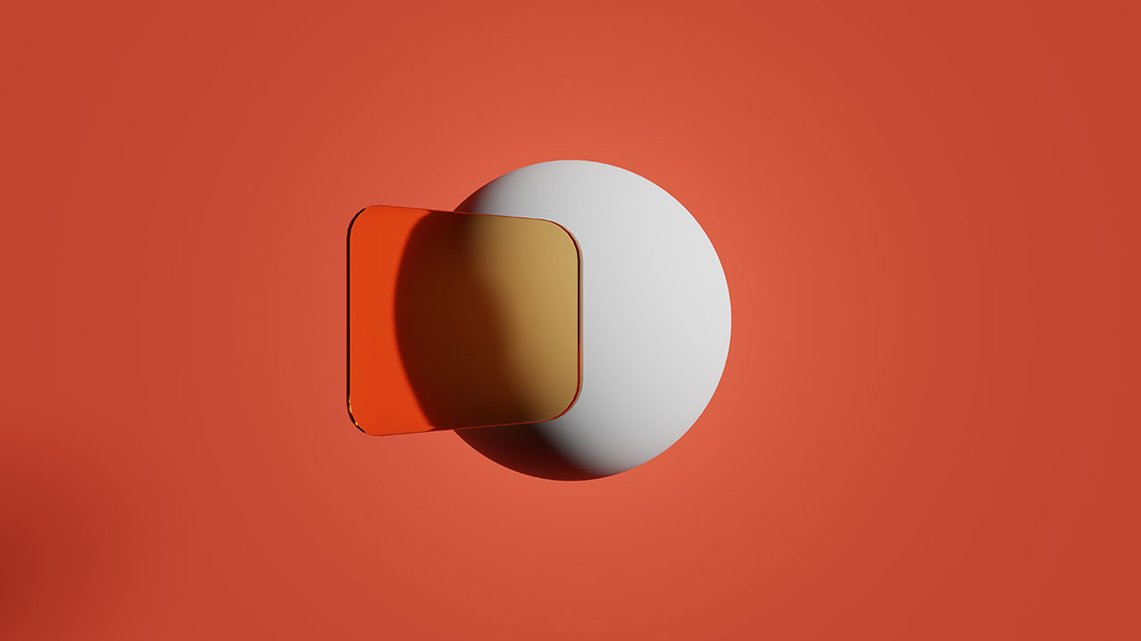 A white sphere partially obscured by a translucent orange rounded square casting a shadow on an orange background.